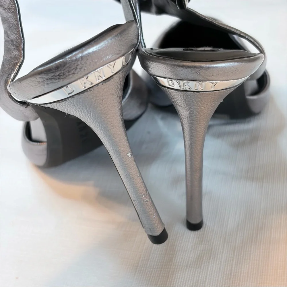DKNY Shiny Silver Heels with Statement Buckle